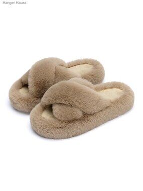 Faux Fur Plush Lined Memory Foam Open Toe Slippers Anti-Skid Sole